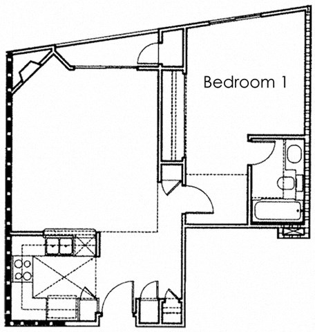 Floor plan for 1 bed, 1 bath, 650 sqft